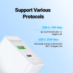 VENTION 20W USB-C & USB-A Fast Charger PD 20W & QC 18W (White) US Plug - Image 4