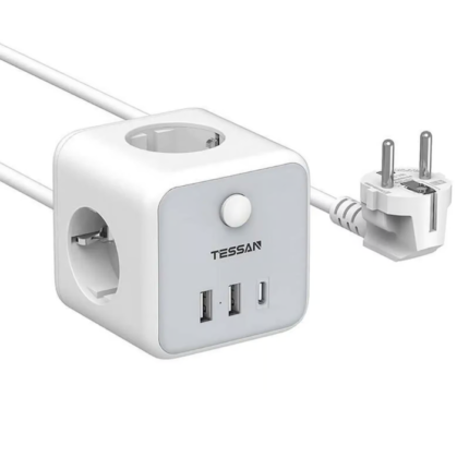 TESSAN Surge Protection Power Strip with 3 AC Outlets (1xUSB-C 15W + 2xUSB-A) 2 Meter Extended Cable